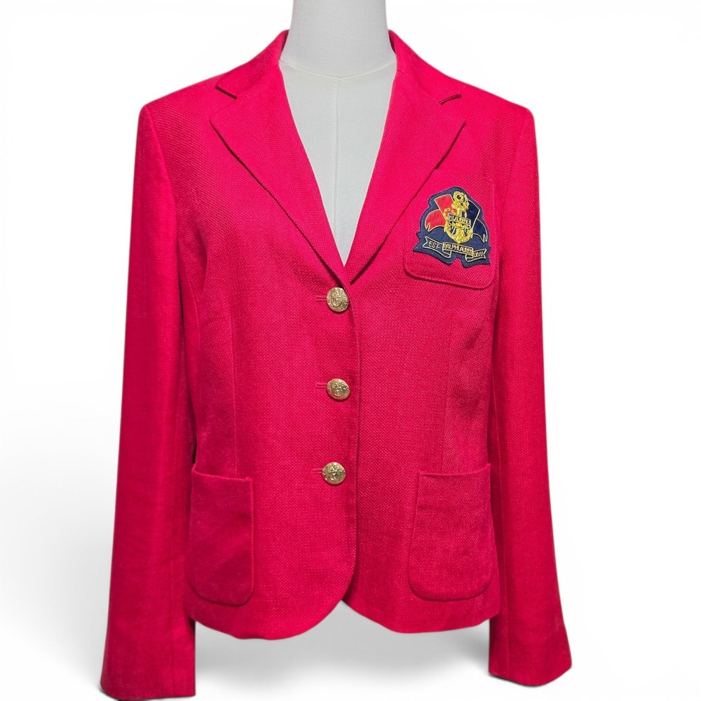 Lauren Ralph Lauren Linen Red Nautical Crest‎ Blazer Gold Buttons Preppy 12